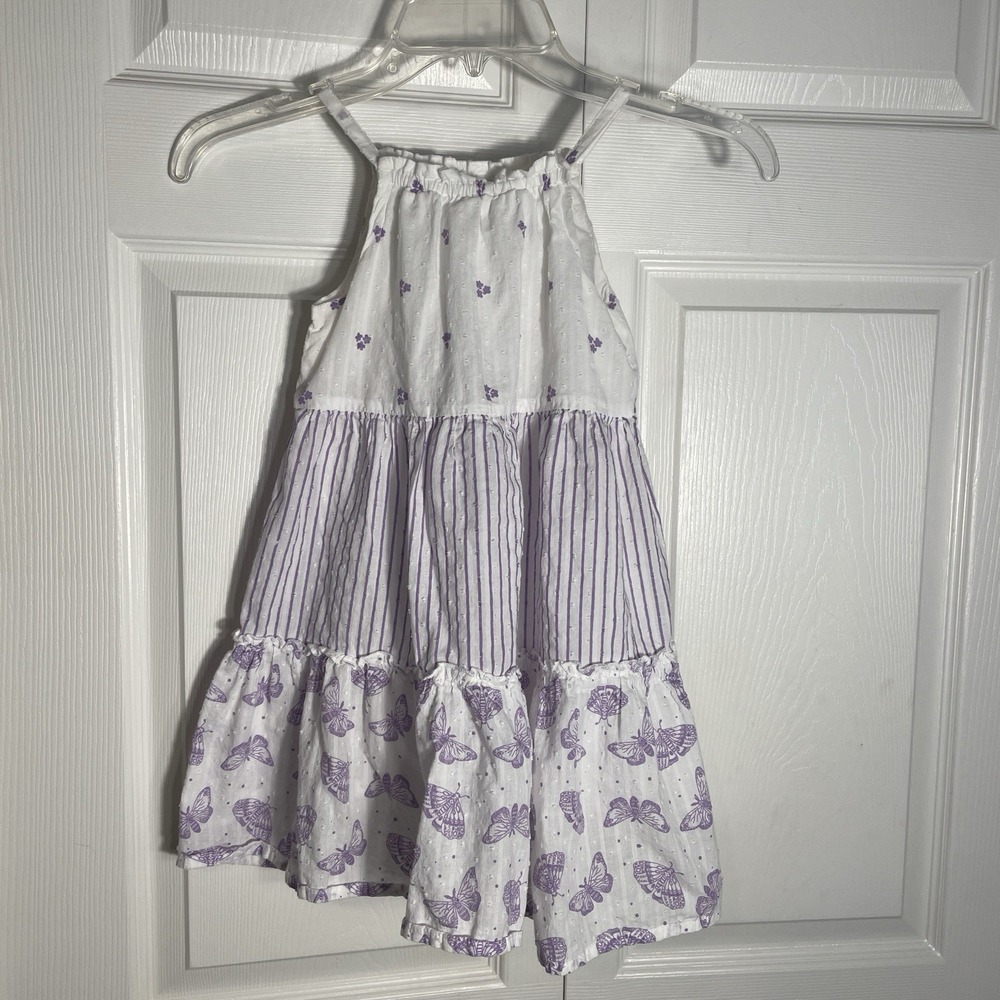 Hop‎ Tiered Sleeveless Sundress Girls 6-7 Years White Purple Butterflies Striped